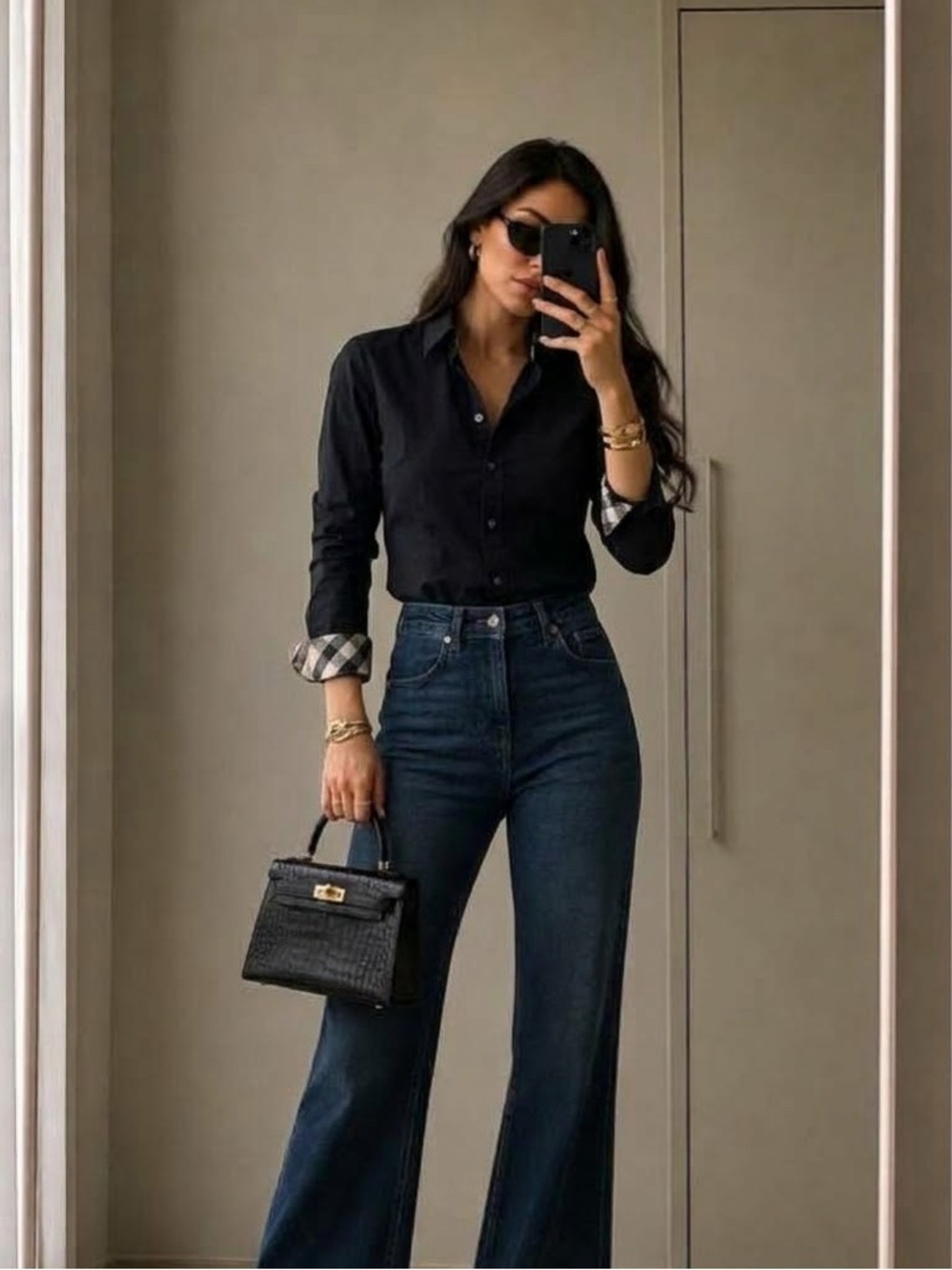Burberry Black Button Down Shirt Check Cuffs Long Sleeve XS